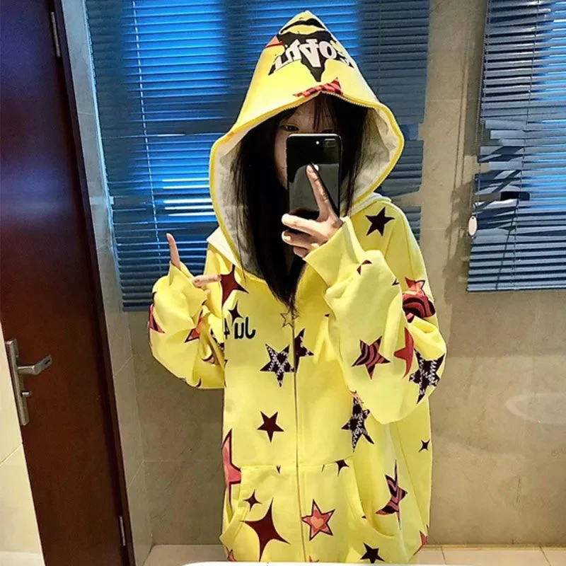 American Retro High Street Printed Five-Pointed Star Hooded Zipper Sweatshirt For Women Autumn Niche Design Couple Jacket New 
American Retro High Street Printed Five-Pointed Star Hooded Zipper Sweatshirt For Women Autumn Niche Design Couple Jacket New