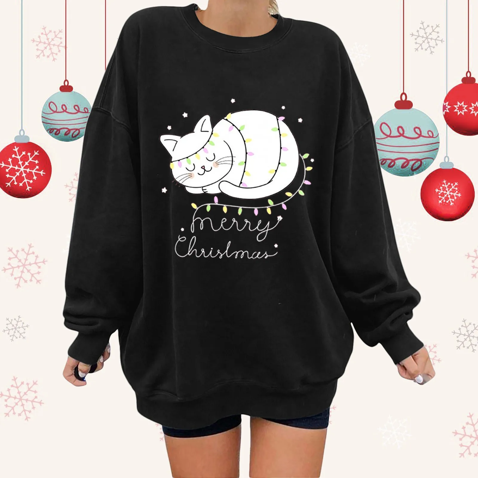 

Womens Oversized Crewneck Long Sleeve Casual Loose Pullover Christmas Print Tops Fall Tunic