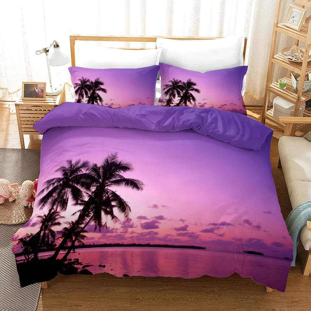 

Tropical Duvet Cover Set King Size Microfiber Palm Trees Silhouette Sunset Tropical Beach Coastline Exotic Vacations Bedding Set