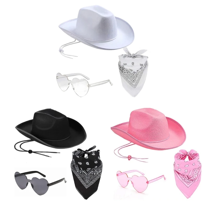

Large Brim Cowgirl Hat for Female Western Top Hat Jazz-Hat Eyewear Scarves Bachelorette Party Costume Women Accessories