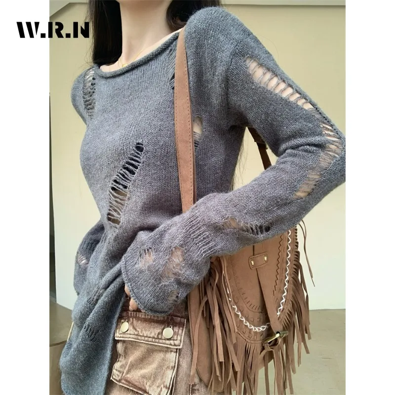 

2024 Spring Hotsweet Casual Round Neck Hollow Out Knitting Long Sleeve Pullovers Women Coquette Solid Color Gyaru Sexy Sweater