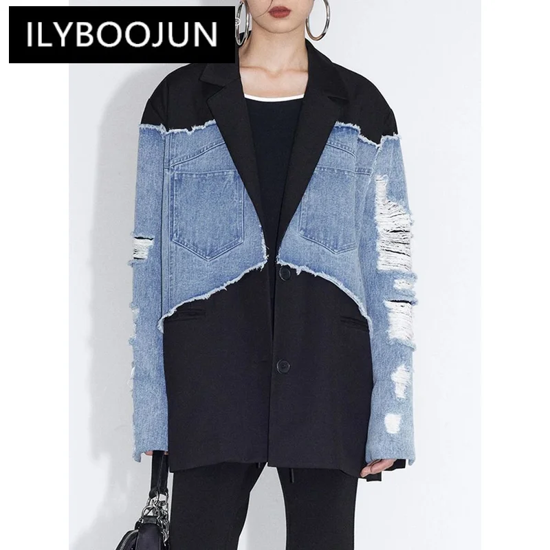 

ILYBOOJUN Colorblock Casual Loose Coats For Women Notched Collar Long Sleeve Spliced Button Temperament Coat Female Fashion