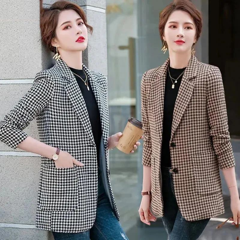 

Thousand Bird Check Blazers Women Korean Temperament Slim Suit Coat Ladies Single-breasted Blazer Jacket Women Plus Size Outwear