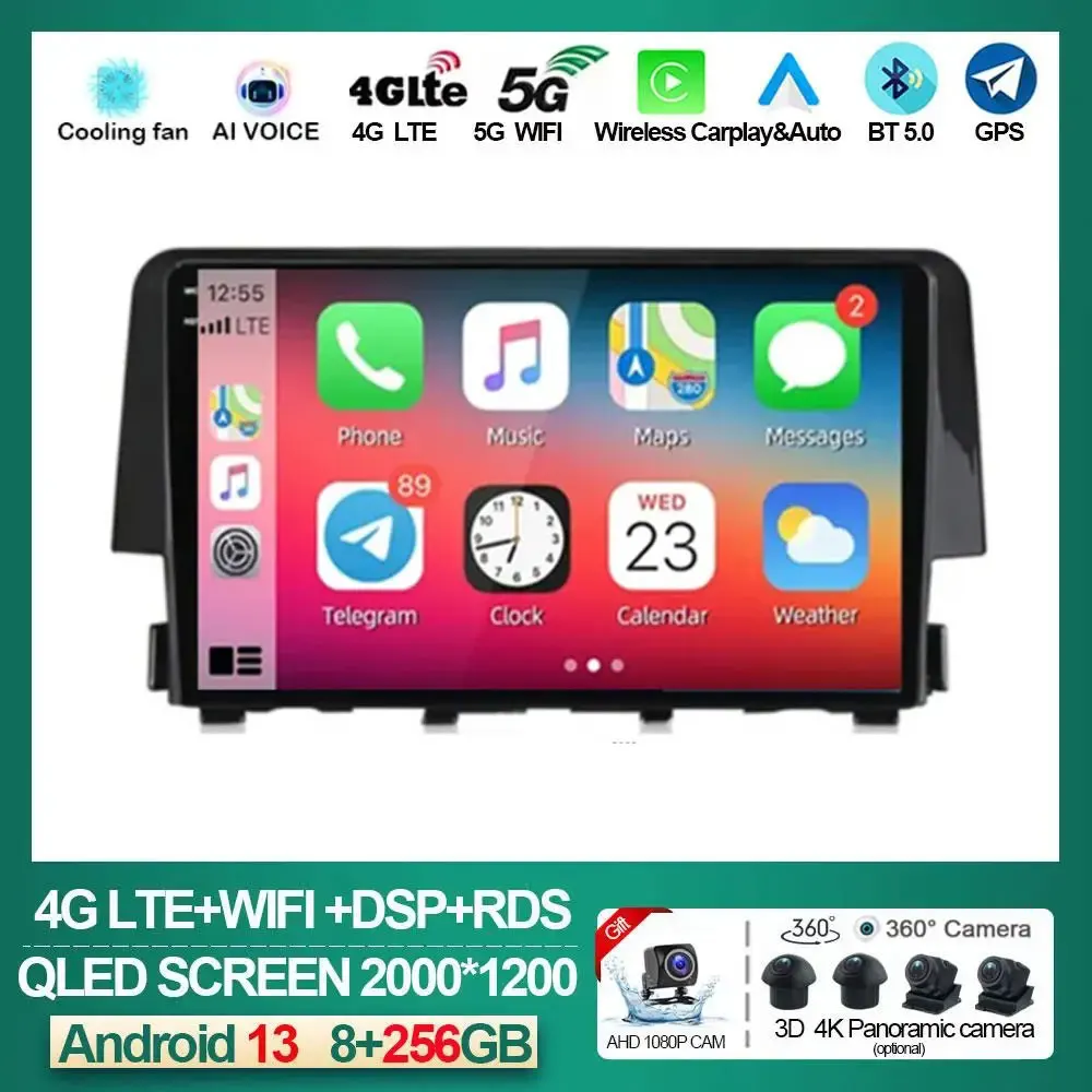 

Android 13 Car Multimedia DSP For Honda Civic 10th 2016 - 2021 Radio Video Navigation Stereo Head Unit QLED Screen Carplay DVD