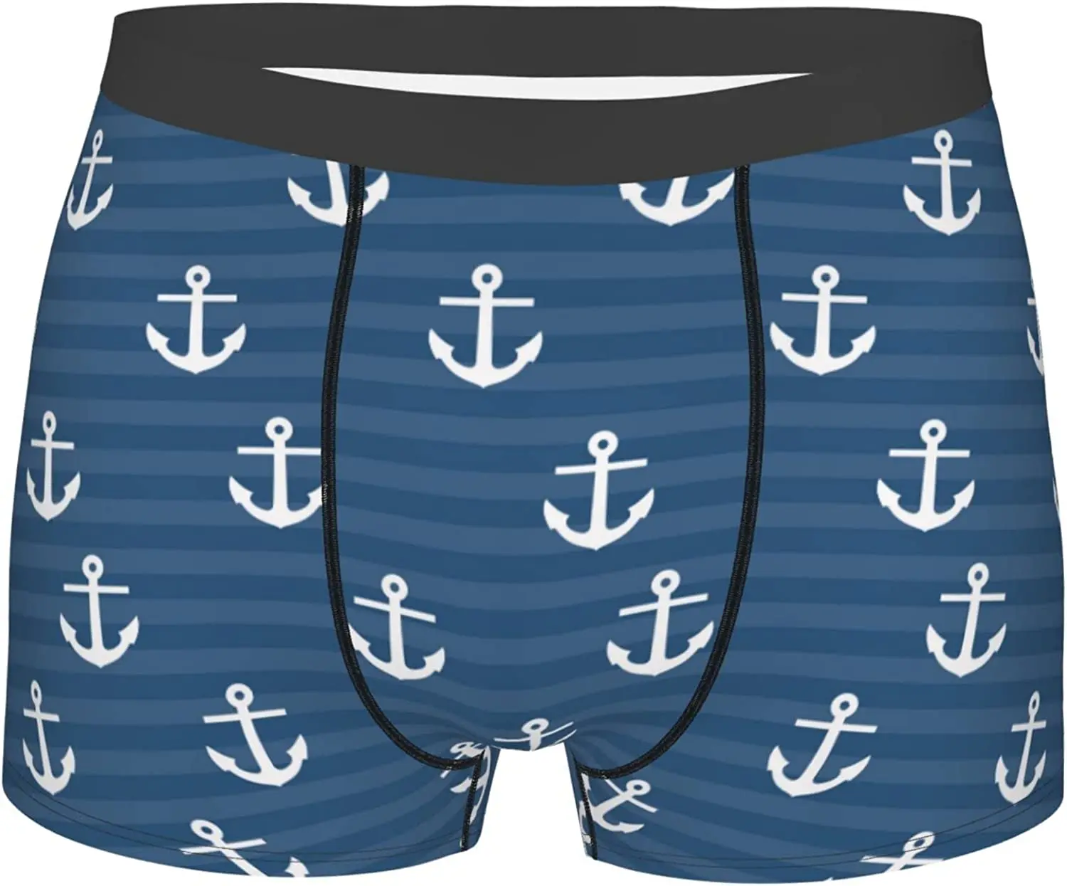 

Blue Striped Boat Anchor Men's Boxer Briefs Trunks Soft Breathable Stretch Wide Waistband Underwear with Bulge Pouch for Boys