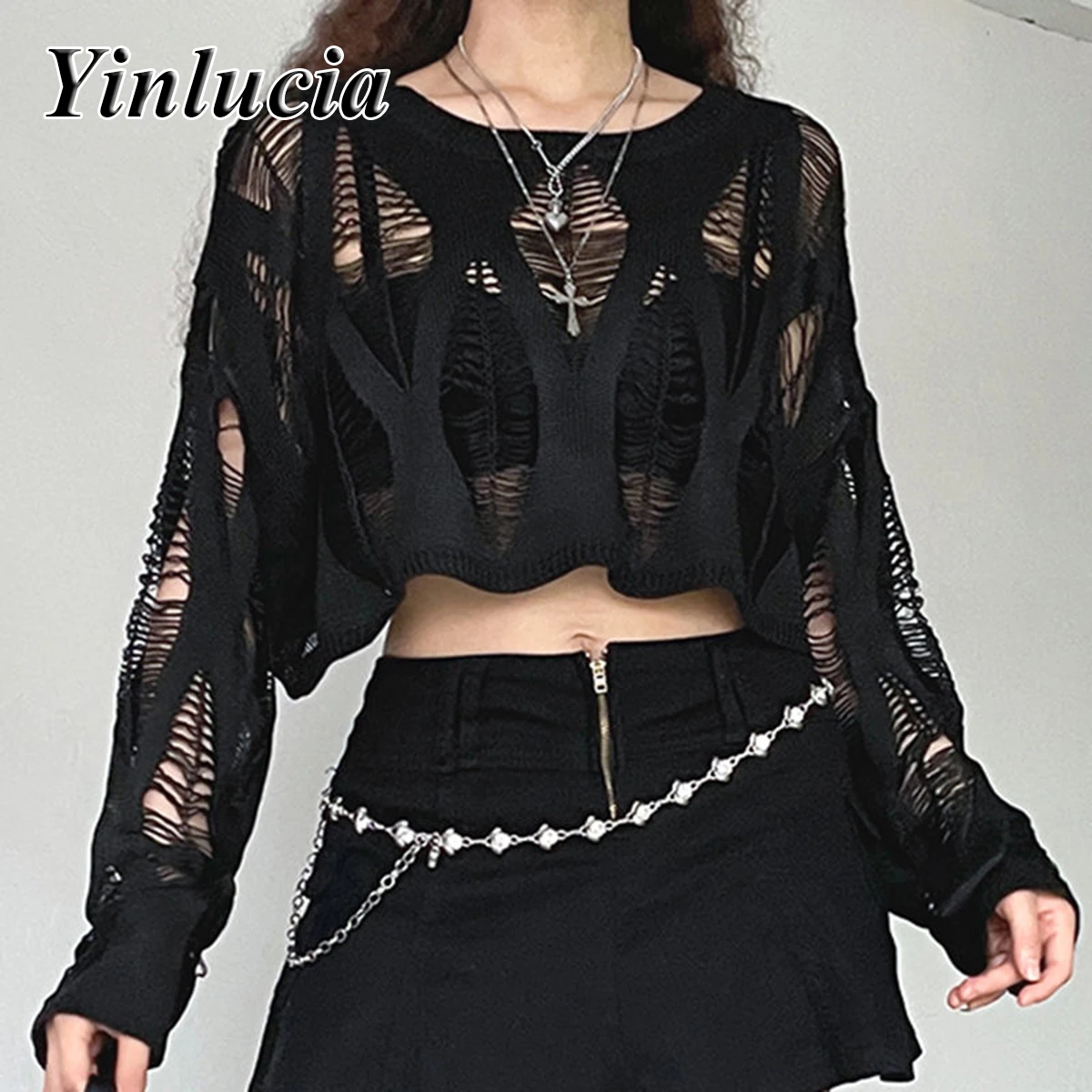 Black Gothic Pullover Loose Sexy Hollowed High Waisted T Shirt Personality Tops Street Casual Soft High Quality Knit Sweater New
Black Gothic Pullover Loose Sexy Hollowed High Waisted T Shirt Personality Tops Street Casual Soft High Quality Knit Sweater New