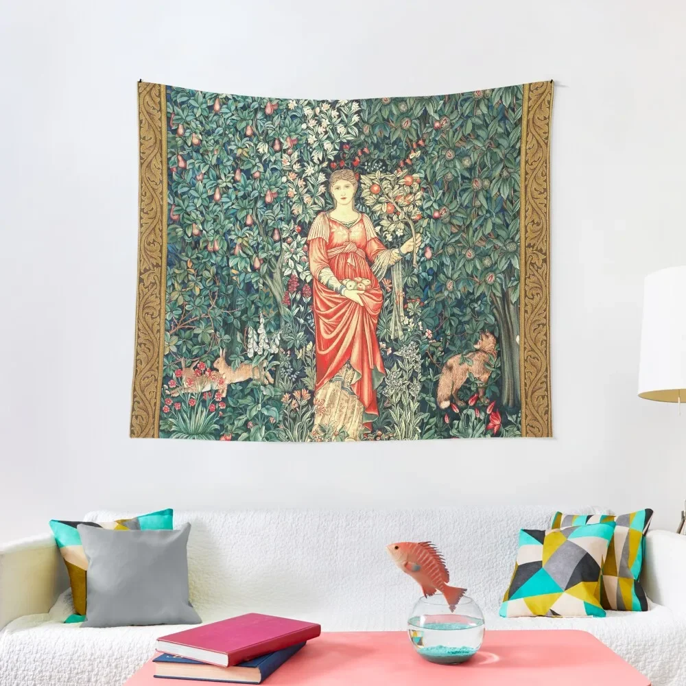 

POMONA GODDESS OF ABUNDANCE HOLDING FRUITS IN GREENERY, FOREST ANIMALS Fox,Hares Red Blue Green Floral Tapestry