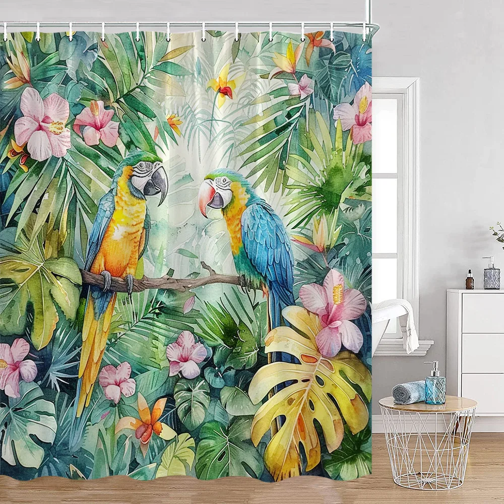 

Tropical Plant Parrot Shower Curtain Watercolour Monstera Palm Leaf Birds Pink Floral Green Leaves Bathroom Curtains Home Decor