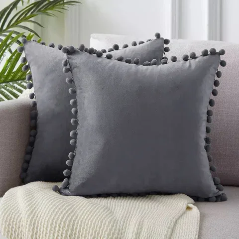 

Green Blue Grey Pink Solid Velvet Decorative Pillows Case Soft Velvet Cushion Cover With Pompom Ball Sofa Pillow Cover 45x45cm