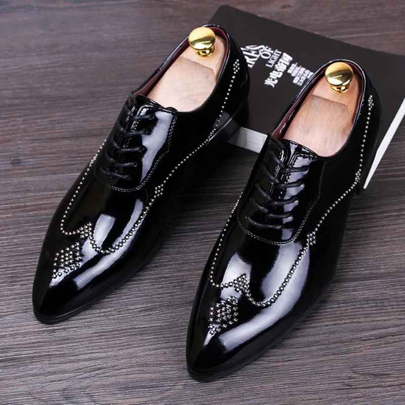 

men fashion party banquet dress patent leather shoes lace-up oxfords shoe gentleman black blue pointed toe footwear chaussures