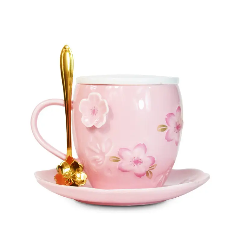 

Cute Creative Embossed Cherry Mug Cartoon With Spoon Lid Simple Ceramic Mug Student Breakfast Mug Milk Cute Flowers Cups Mugs