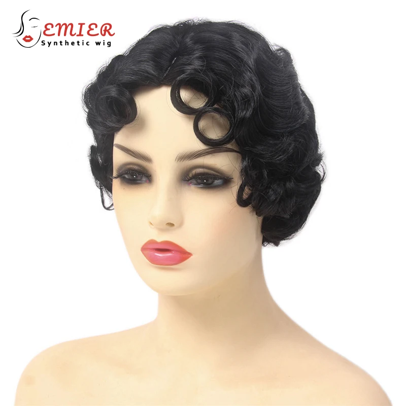 

Short Curly Finger Wave Wigs With Oblique Bangs 1920s Retro Wavy Cosplay Costume Wig Classy Vintage Wavy Style For Women