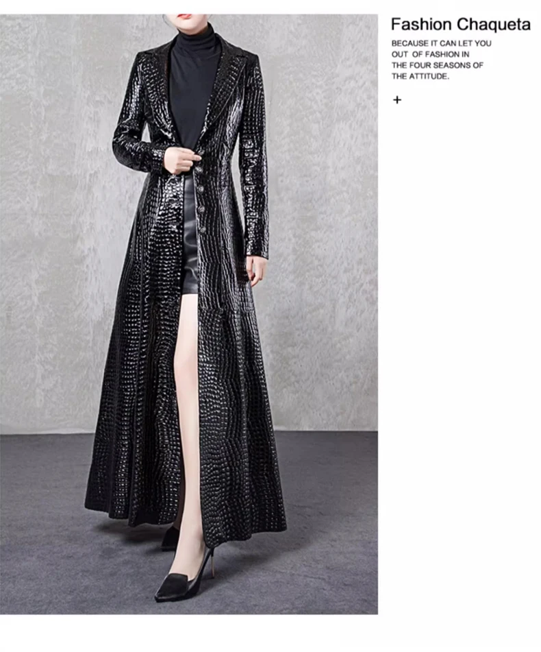 

Autumn Extra Long Black Shiny Reflective Crocodile Print Patent Faux Leather Trench Coat for Women with Side Double Sli