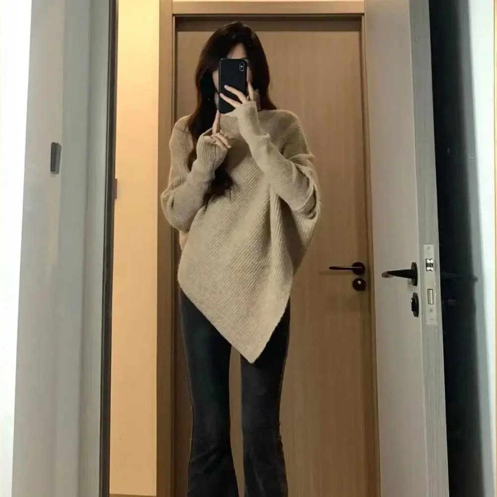 Solid Color Knit Sweater Cozy High Collar Bat Sleeve Sweater for Women Warm Soft Irregular Hem Pullover with Elastic Loose Fit
Solid Color Knit Sweater Cozy High Collar Bat Sleeve Sweater for Women Warm Soft Irregular Hem Pullover with Elastic Loose Fit