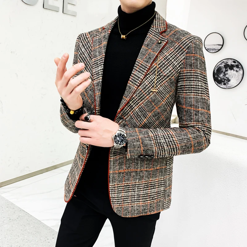 

2024 grid Brand clothing Men spring Casual business suit/Male High quality cotton slim fit Blazers Jackets/Man plaid coats S-4XL