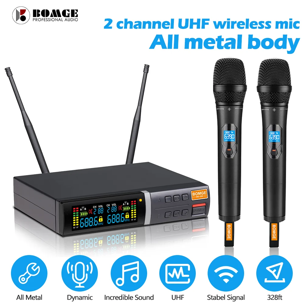 Беспроводная двухканальная металлическая микрофонная система BOMGE BG-320U professional UHF с дополнительным ручным передатчиком bodypack.
Беспроводная двухканальная металлическая микрофонная система BOMGE BG-320U professional UHF с дополнительным ручным передатчиком bodypack.