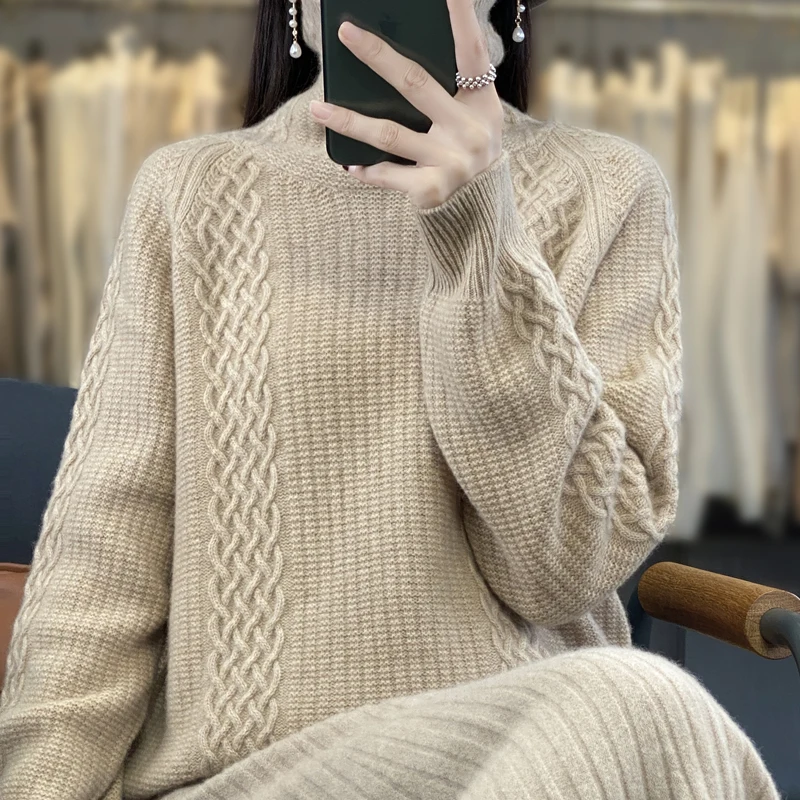 

Autumn and Winter new 100% Pure Cashmere Sweater Women Pile Pile Collar jacquard Solid Color Sweater Loose Wool Sweater Top