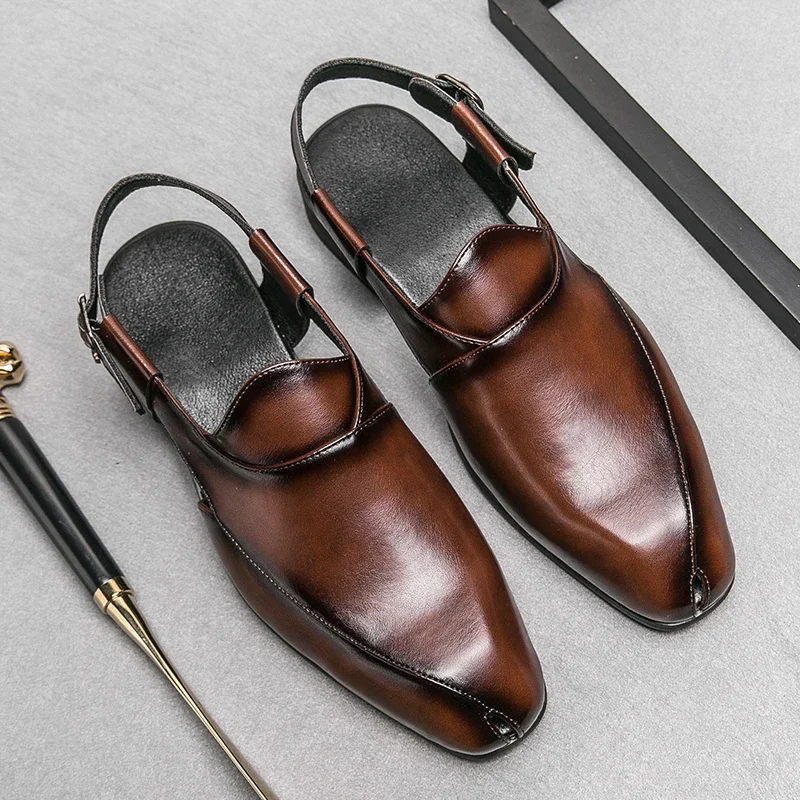 

Мужские босоножки ручной работы, коричневые классические сандалии из искусственной кожи на ремешке с пряжкой, деловая обувь, размеры 38-46, лето 2019