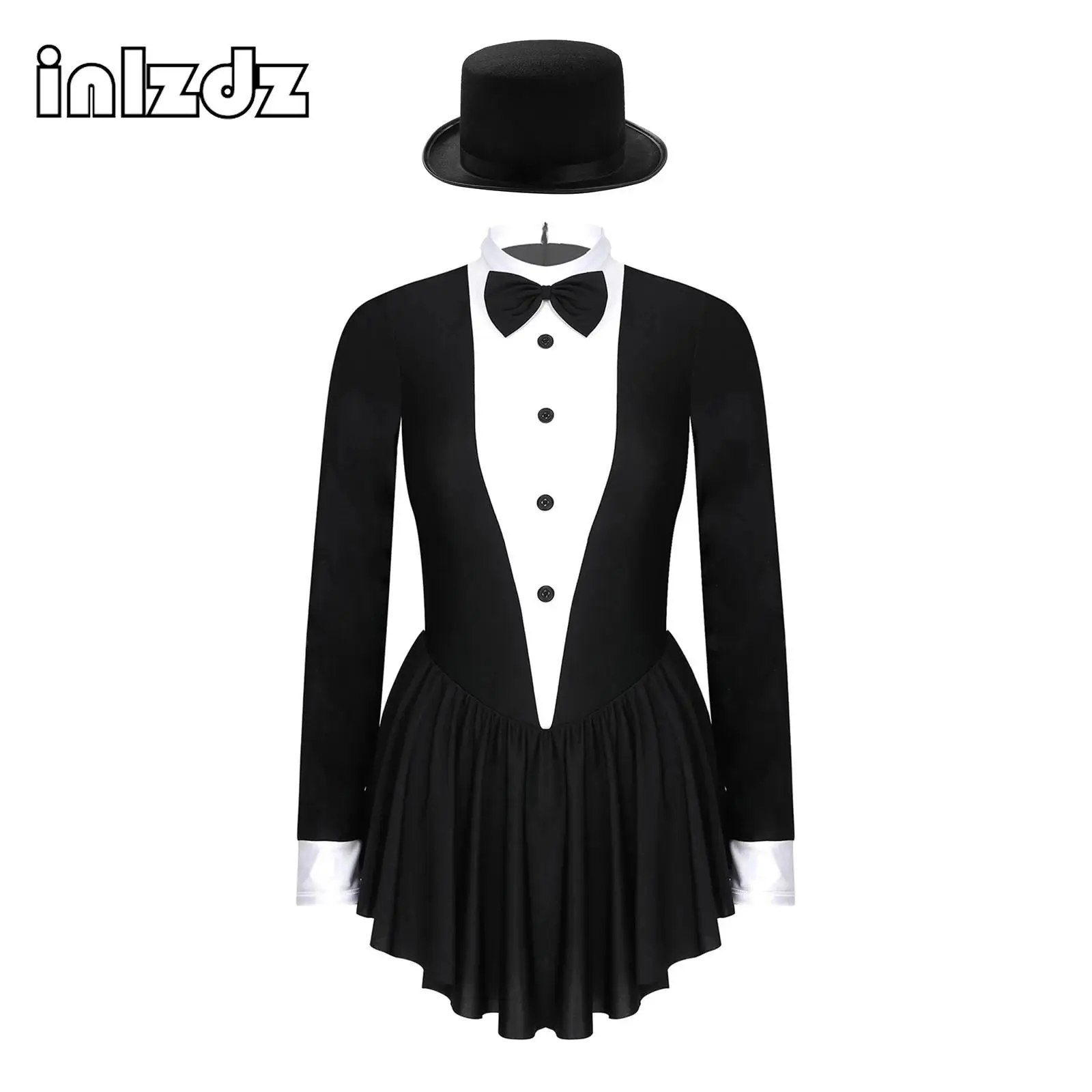 

Womens Contrast Color Tuxedo Bowknot Button Long Sleeve Ruffle Dress Dancewear with Hat for Role Play Theme Party Masquerade