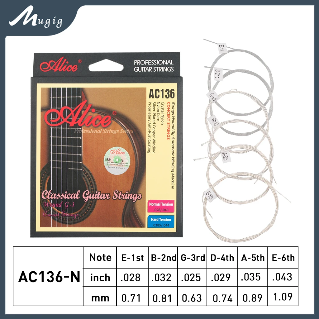 Mugig Alice AC136-N Classical Guitar Strings Crystal Nylon Strings Silver-Plated Copper Wound 6 Strings
Mugig Alice AC136-N Classical Guitar Strings Crystal Nylon Strings Silver-Plated Copper Wound 6 Strings