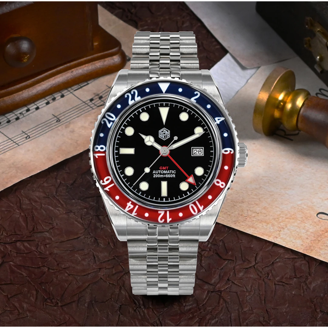 San Martin Новинка 40 мм Роскошные GMT спортивный стиль полностью светящийся двунаправленный ободок Мужские автоматические механические часы сапфир 20 бар BGW9
San Martin Новинка 40 мм Роскошные GMT спортивный стиль полностью светящийся двунаправленный ободок Мужские автоматические механические часы сапфир 20 бар BGW9