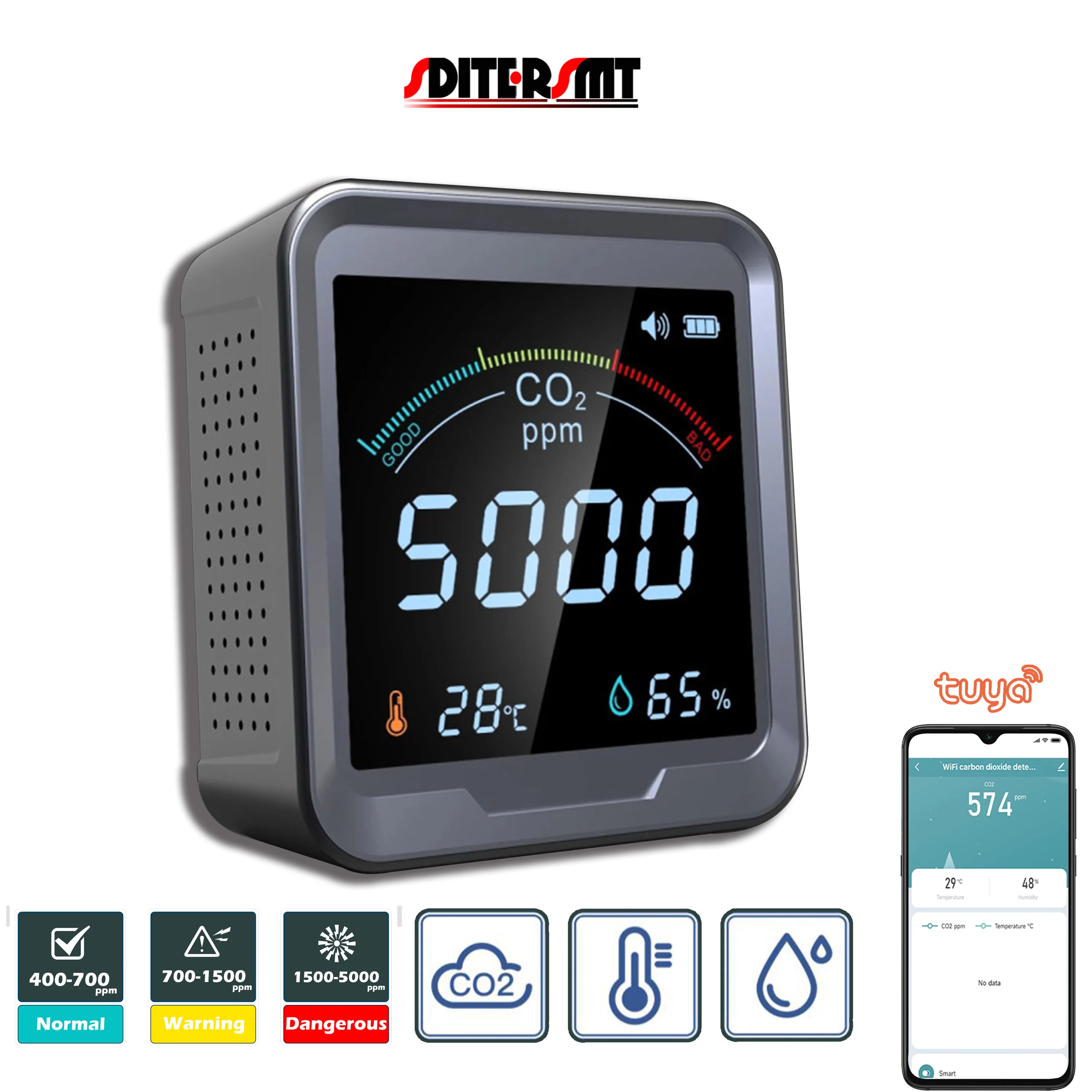 WIFI Portable Digital NDIR CO2&Temperature&Humidity 3 IN 1 Detector for Indoor Air Quality Analyzers Bridge Smart Life APP TUYA
WIFI Portable Digital NDIR CO2&Temperature&Humidity 3 IN 1 Detector for Indoor Air Quality Analyzers Bridge Smart Life APP TUYA