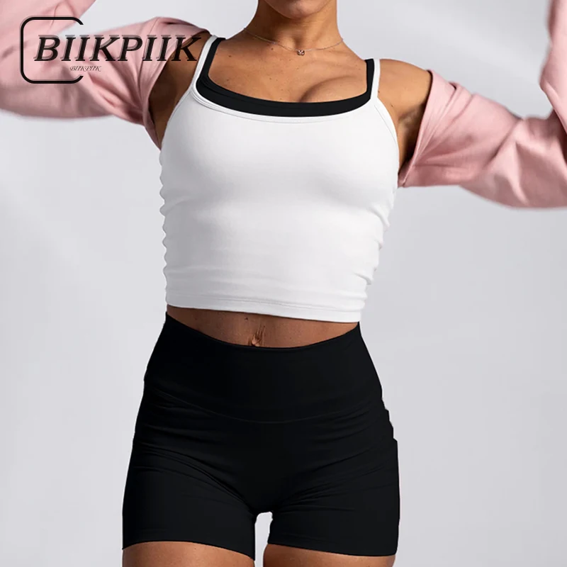 

BIIKPIIK Basic Contrasting Women Two Piece Sets Casual Sporty Fitness Shorts Suit Jogging Skinny Camisole + Elastic Waist Shorts