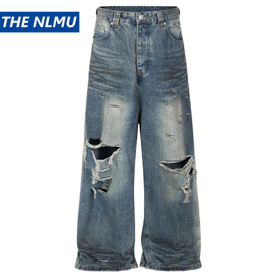 

Мужские модные рваные джинсы синие прямые мешковатые джинсы брюки роскошные дизайнерские Свободные повседневные потертые джинсовые брюки для мужчин