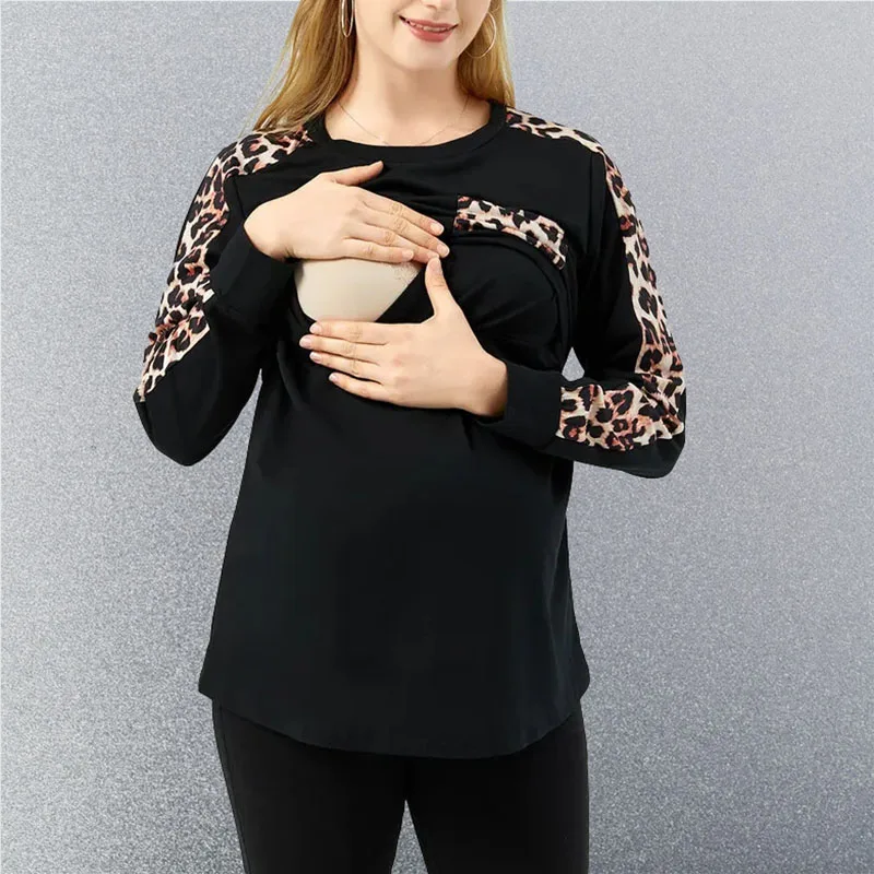 

Leopard Mama Clothes Maternity Blouses Long Sleeve O-neck Breastfeeding Shirt Tops Casual Pregnant Pregnancy Nursing Clothing