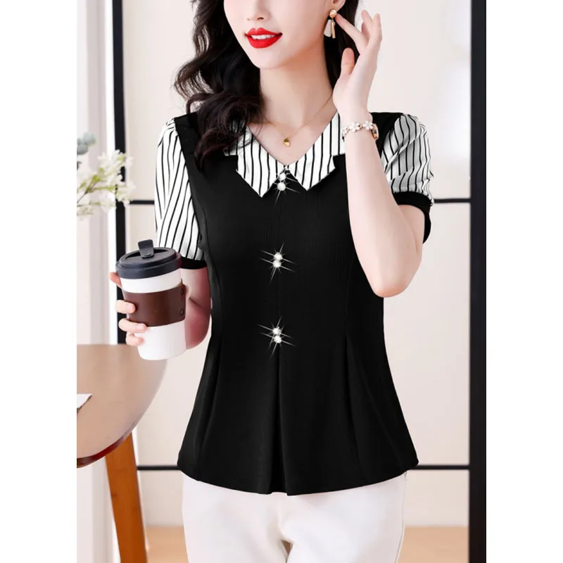 

Women's 2024 New Summer Pullovers Contrast Color V-Neck Diamonds Spliced Fashion Versatile Slim Short Sleeve Commuter Shirt Tops