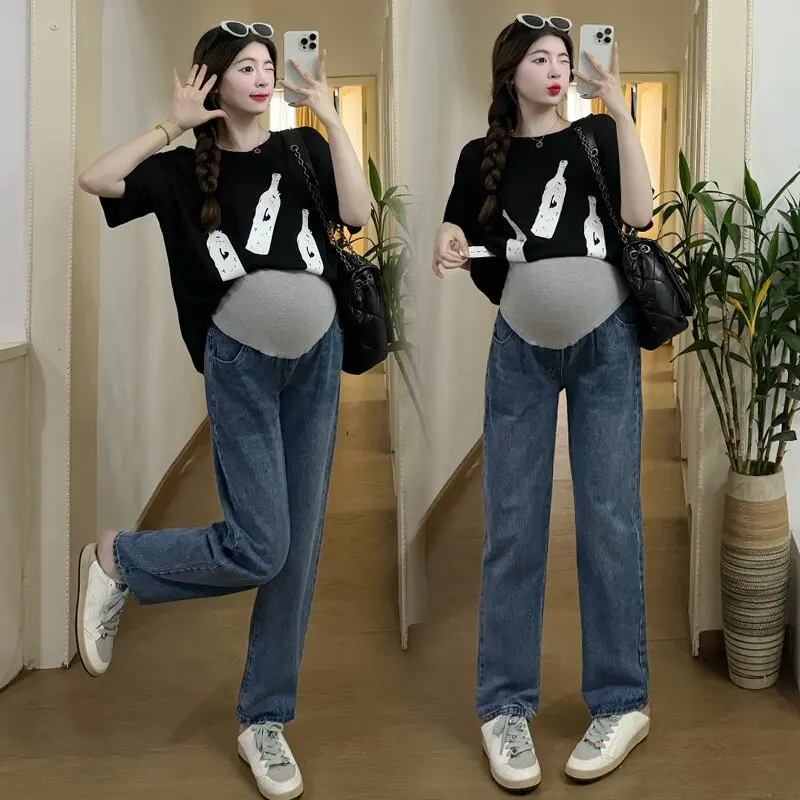 

Wide Leg Loose Straight Denim Jeans for Maternity Spring Autumn Elastic Waist Belly Pants for Pregnant Women Pregnancy Vintage