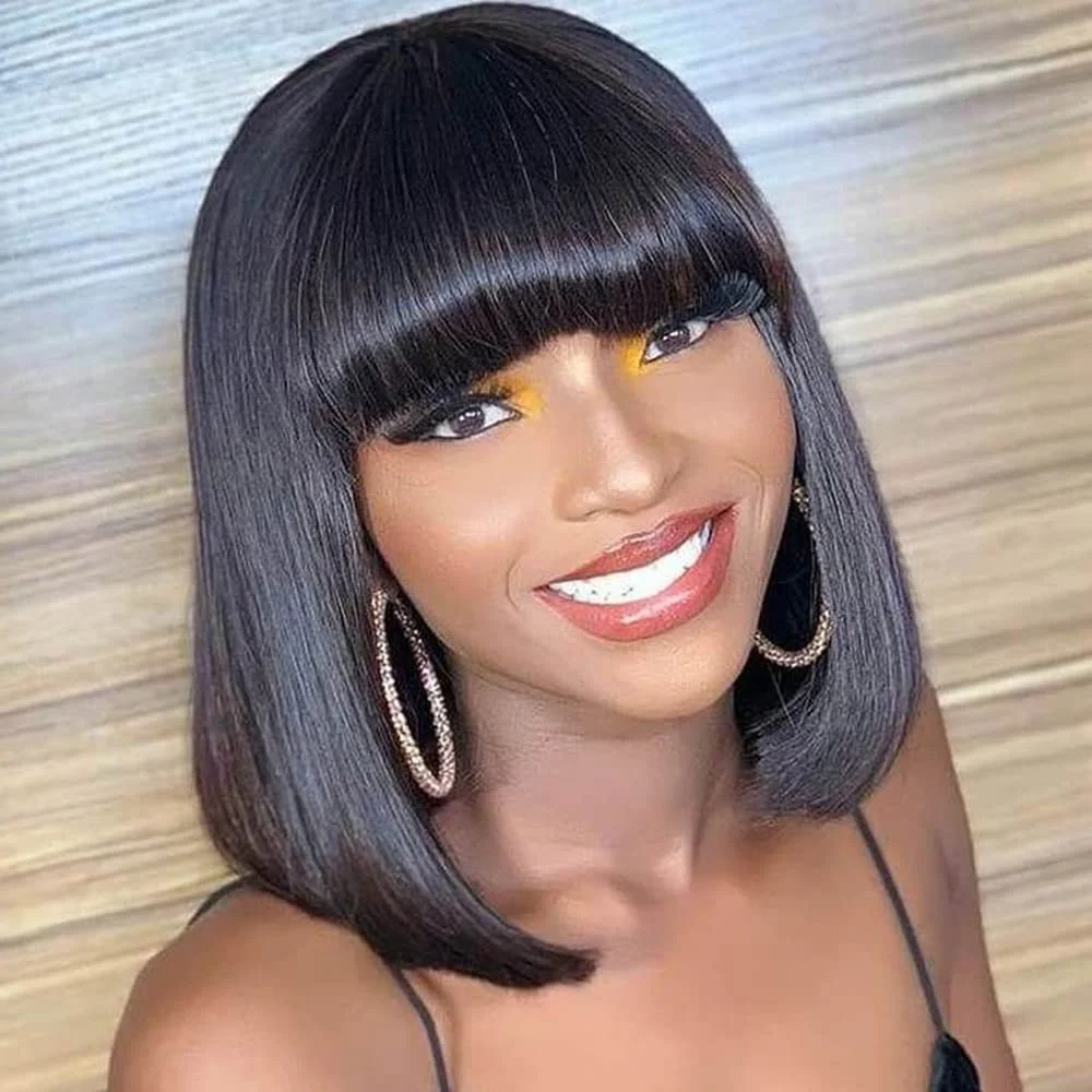 

Short Straight Bob with Bang Human Hair Wigs Highlight Bob Fringe No Lace Full Machine Made Cheap Wigs for Women 8-16" FREE SHIP