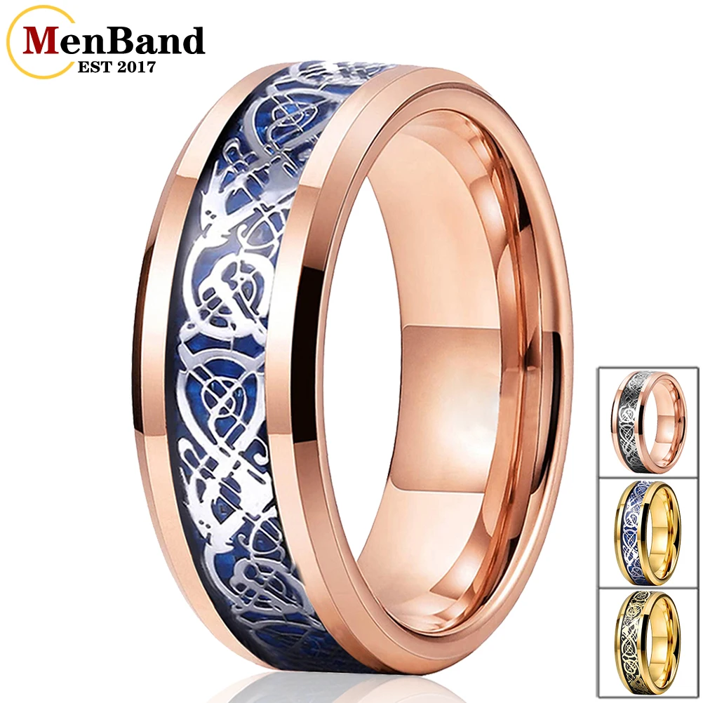 

MenBand New Style 8MM Men And Women Tungsten Carbide Wedding Band Rings Silver Dragon And Blue Carbon Fiber Inlay Comfort Fit