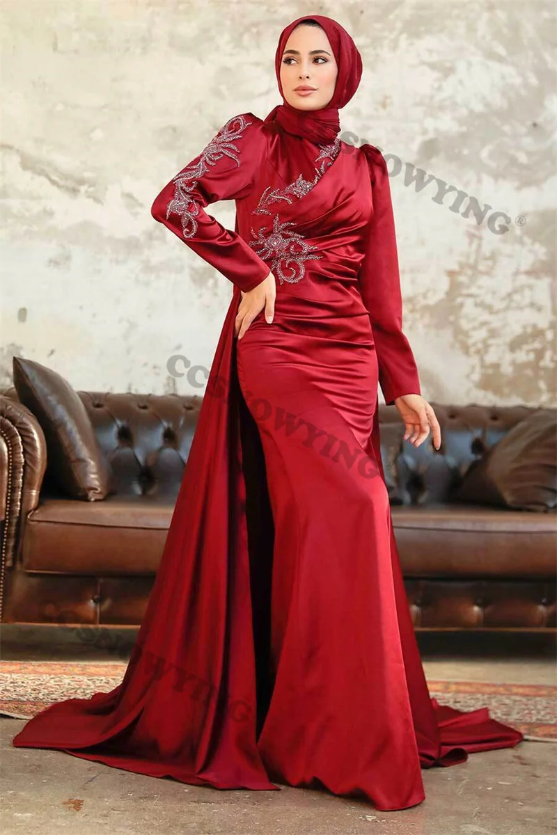 

Tiered Classical Appliques Chiffon High Neck Long Sleeve Formal Occasion Dresses Arabic Dubai Kaftan Prom Dress