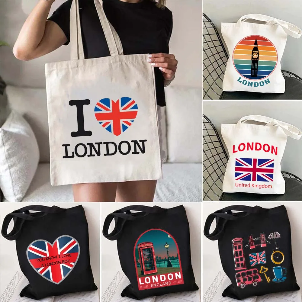 

London England Flag Map Canvas Totes Bags United Kingdom Bus Big Ben Bridge Phone Booth Landmark Travel Tourist Fashion Handbags