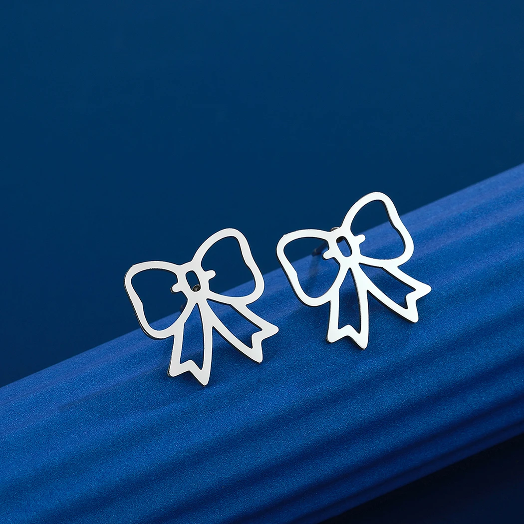 

Kinitial Lovely Ribbon Bow Earrings For Girls Women Stainless Steel Statement Jewelry Cute Bowknot Stud Earrings