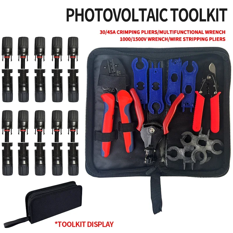 

Solar PV Crimping Tool Kit For AWG14-10,2.5/4/6mm², Solar Connectors, Wire Cable Cutter, Spanner Wrench, All in 1 Oxford Bag