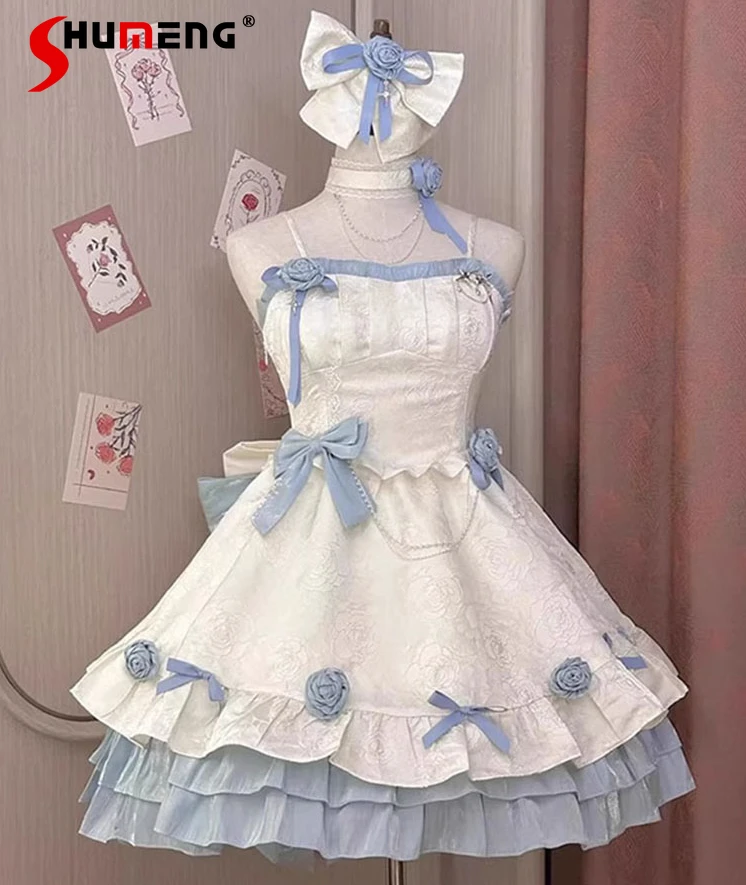 

Jsk Gothic Style Lolita Apricot Blue Bandage Short Dress for Women 2024 Summer New Princess Puffy Escape Trailing Dresses Female