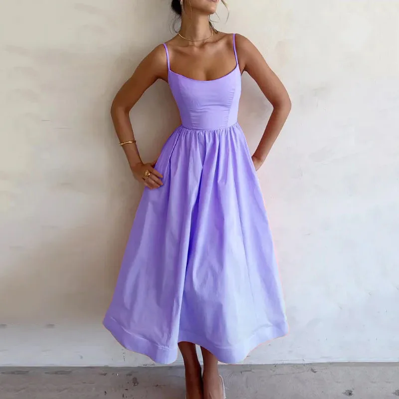 

Женское плиссированное платье средней длины, элегантное розовое модное однотонное платье без рукавов на бретелях, повседневное праздничное платье, лето 2023