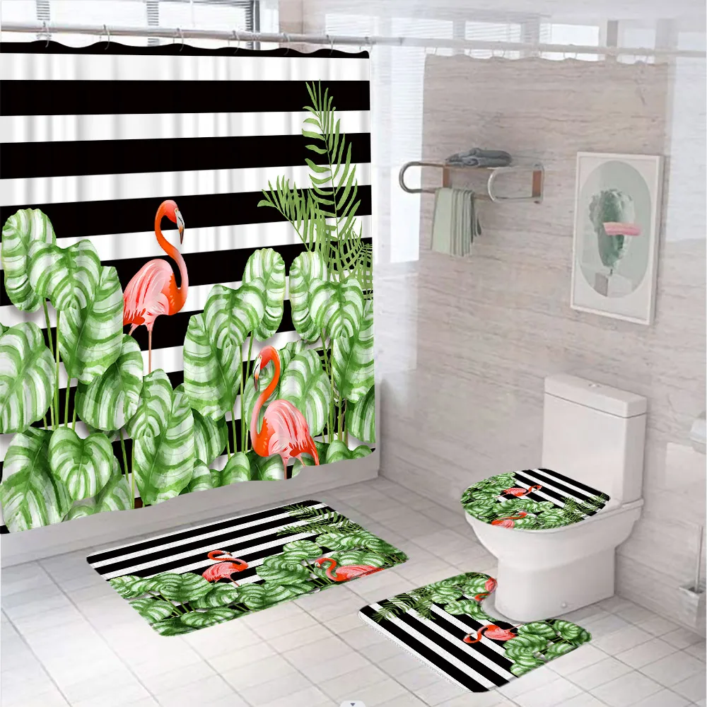 Tropical Flamingo Shower Curtain Set Non-Slip Rug Bath Mat Toilet Cover Green Leaves Plant Black White Stripe Bathroom Curtains
Tropical Flamingo Shower Curtain Set Non-Slip Rug Bath Mat Toilet Cover Green Leaves Plant Black White Stripe Bathroom Curtains