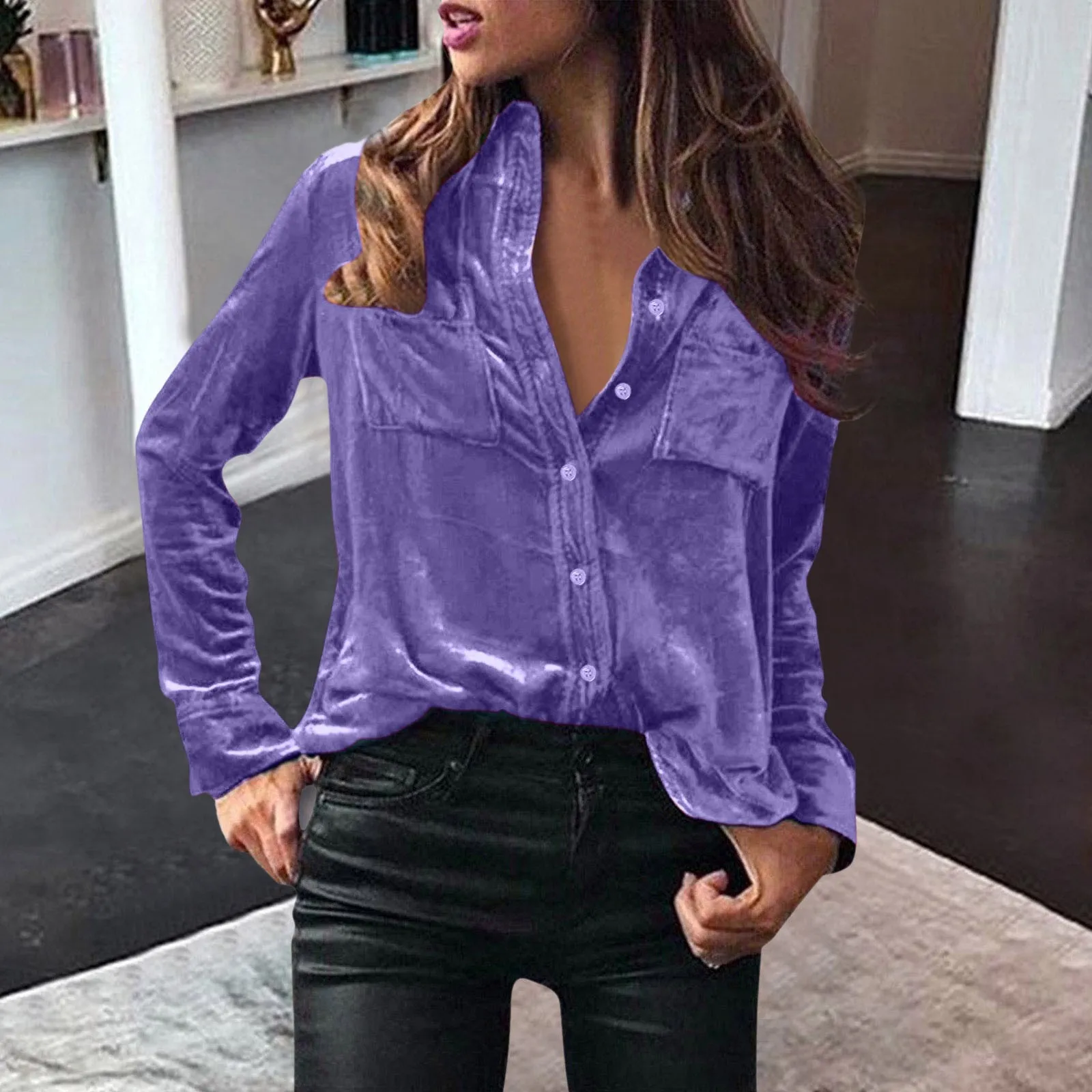 

Fashion Velvet Blouses Long Sleeve Pocket Solid Tops For Women Dressy Casual Ladies Elegant Shirts Blusas Holiday Work Wear