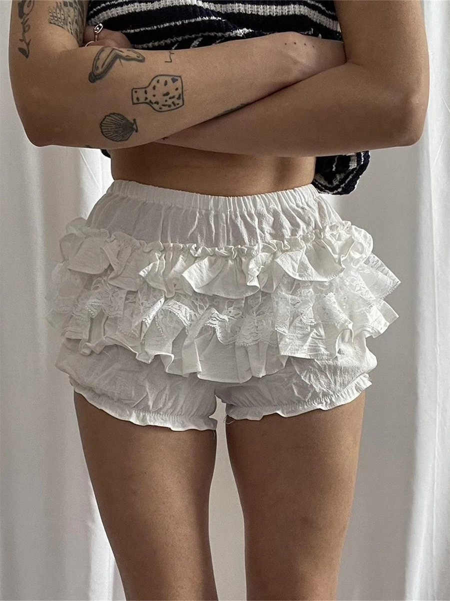 

Women Layered Lace Shorts 2024 Summer Tight Shorts High Waist Tiered Ruffle Lace Short Bloomers Streetwear