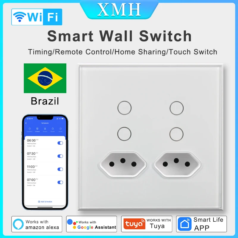 

Умный выключатель Tuya Wi-Fi 4X4 и розетка 16 А, стандарт Бразилии, 4 кнопки, сенсорная стеклянная панель, зеркальные переключатели, работает с Alexa Google Home
