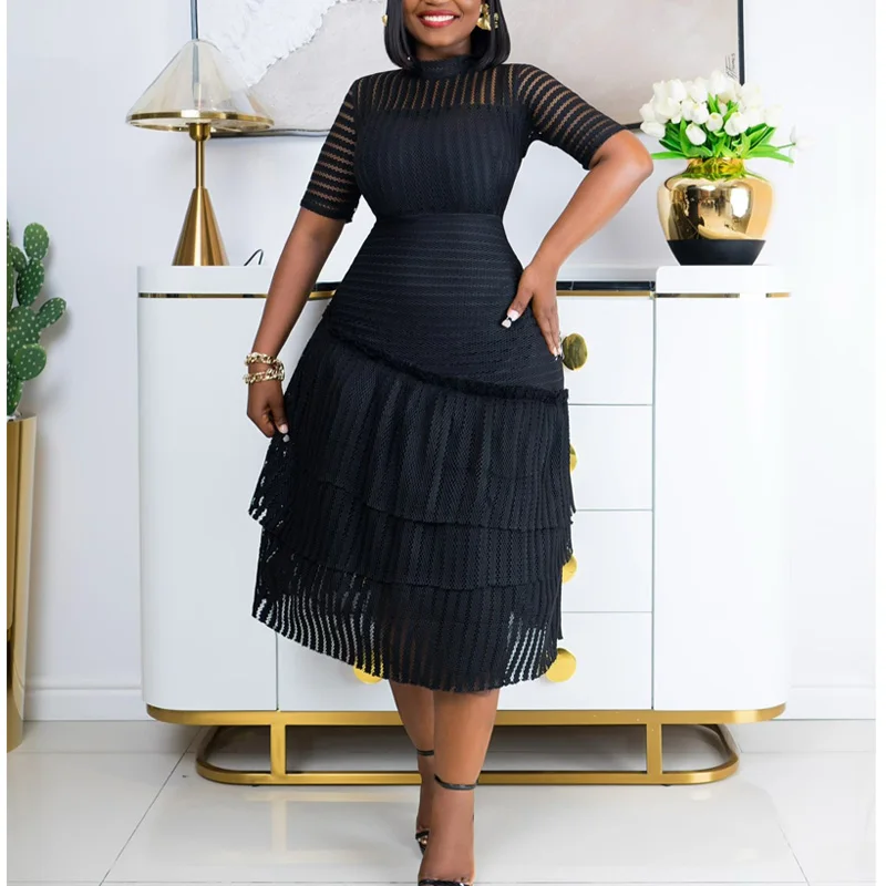 Elegant Women Summer Dress Sexy Black See Through Short Sleeve Patchwork Ruffles patchwork Midi Dress Streetwear
Elegant Women Summer Dress Sexy Black See Through Short Sleeve Patchwork Ruffles patchwork Midi Dress Streetwear