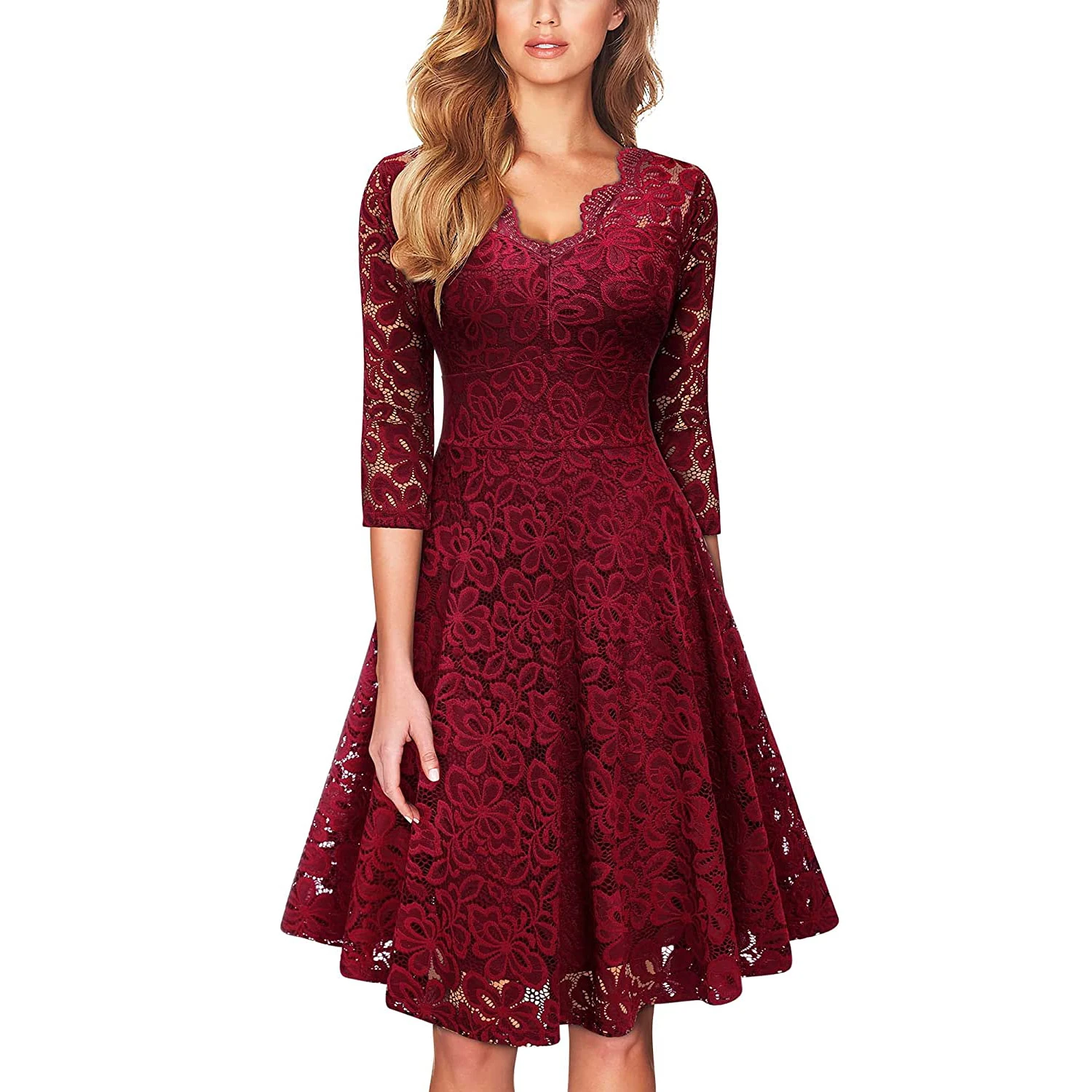 Женское Элегантное коктейльное платье трапециевидной формы с V-образным вырезом и цветочным кружевом и рукавом 3/4
Женское Элегантное коктейльное платье трапециевидной формы с V-образным вырезом и цветочным кружевом и рукавом 3/4
