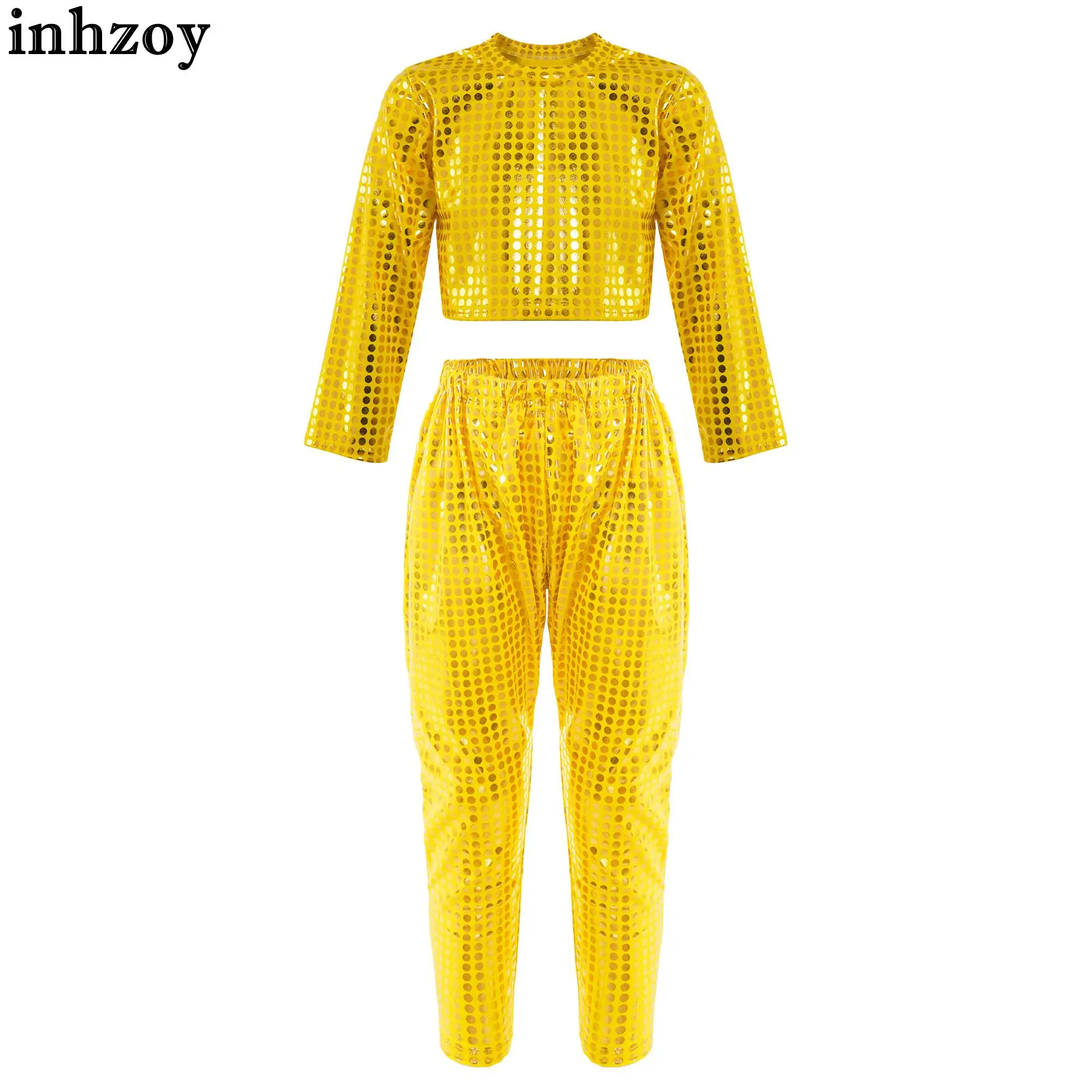 

Kids Girls 2Pcs Hip Hop Jazz Dance Costume Shiny Polka Dot Sequins Crop Top Shirt with Harem Pants for Performance Disco Party