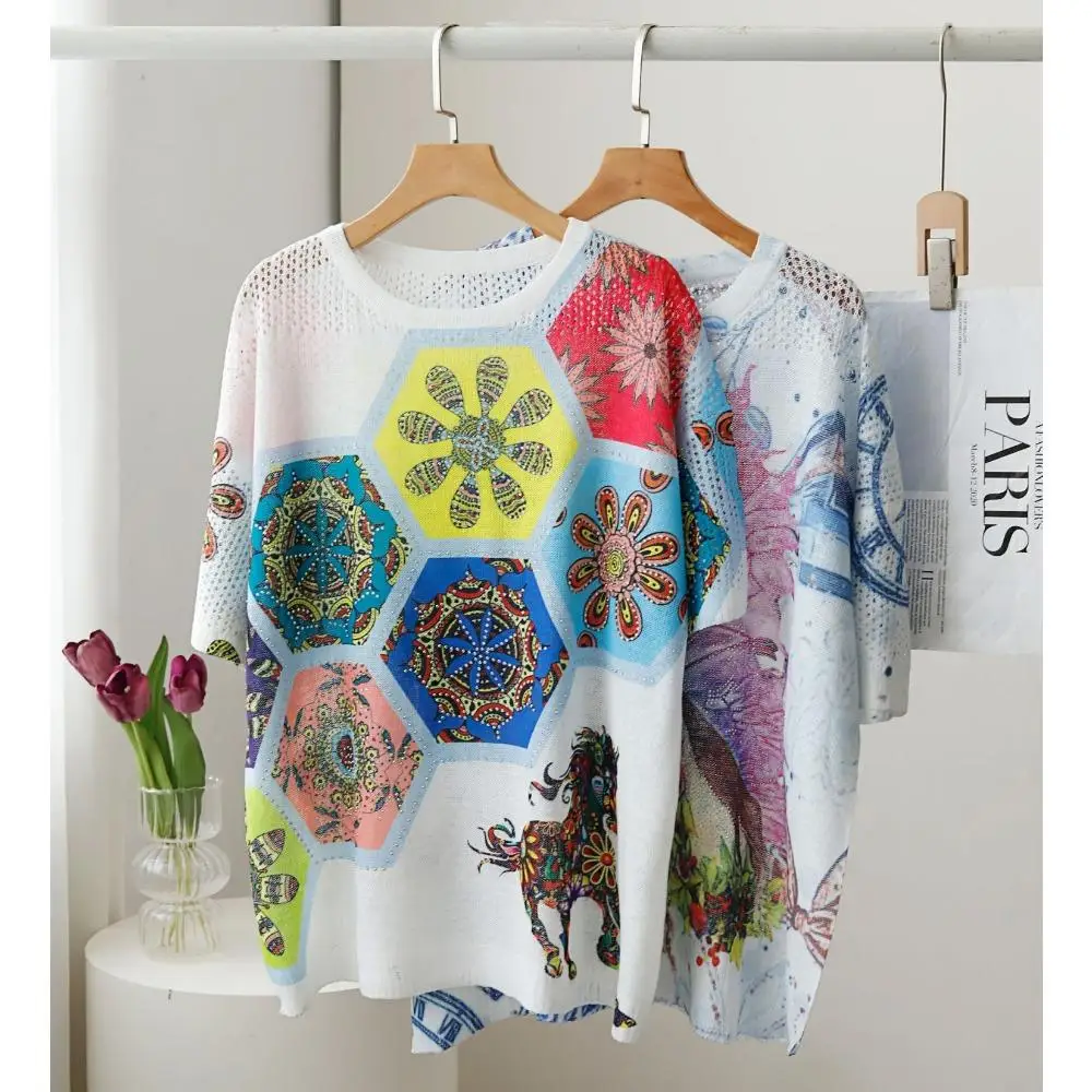 Dimanaf 2024 Summer Women T-Shirts Summer Style Shirts Print Rhinestone Colorful Floral Elegant Lady Tops Tees Loose Casual
Dimanaf 2024 Summer Women T-Shirts Summer Style Shirts Print Rhinestone Colorful Floral Elegant Lady Tops Tees Loose Casual