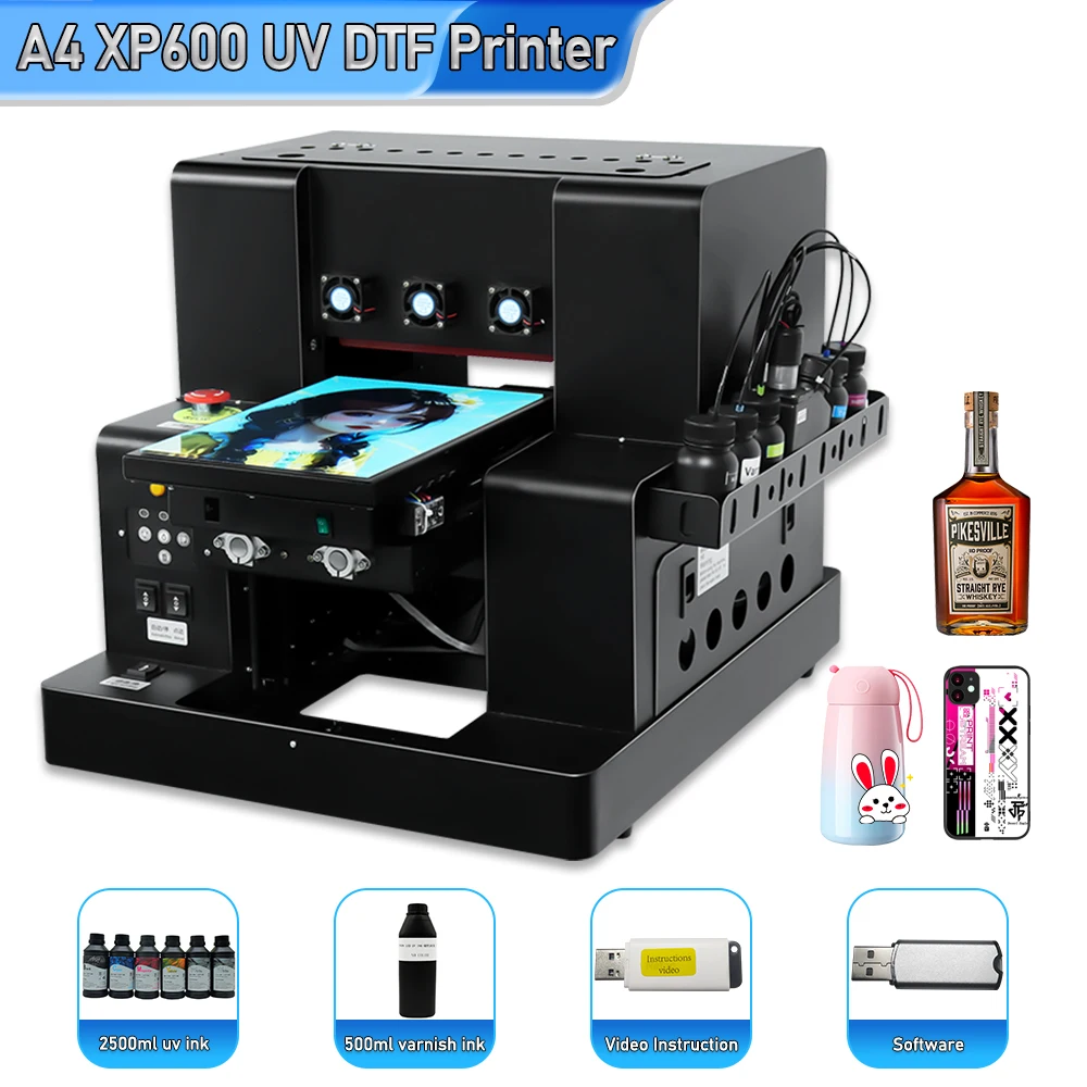 

A4 UV Flatbed Printer A4 Size EPSON XP600 Printhead with Rotary For Bottle Phonecase Metal Wood Cup Glass UV DTF Sticker Printer
