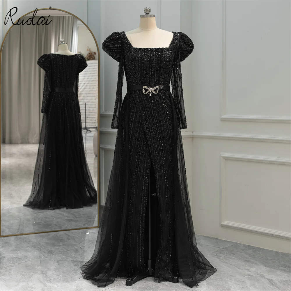 

Ruolai A-line Evening Dresses Long Sleeve Prom Dress Beaded Lace Dubai Evening Gown Party Dress Vestido de Fiesta LWC8251