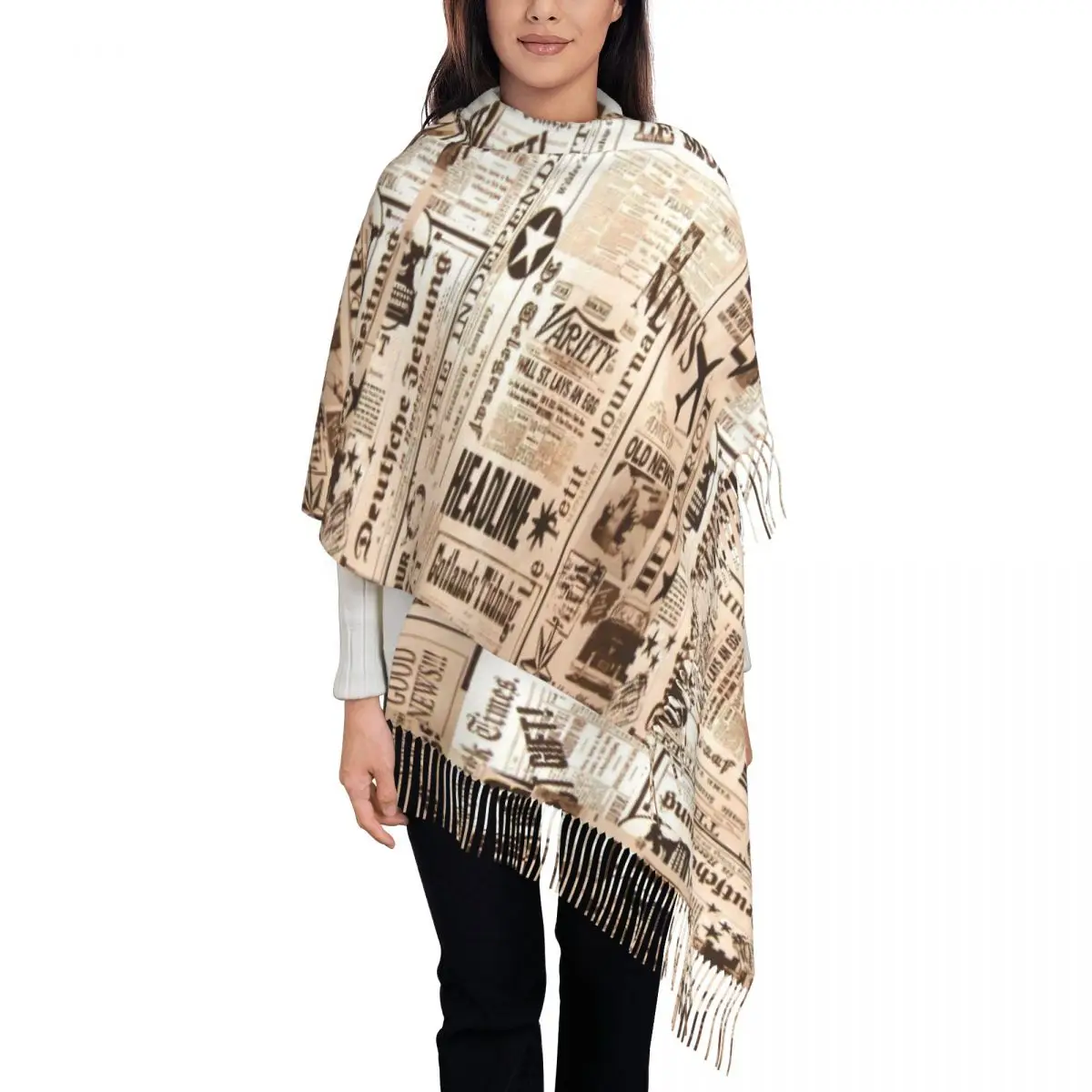 

Old Newspaper Scarf Womens Vintage Print Large Scarves with Tassel Winter Vintage Shawl Wrap Outdoor Custom Bandana